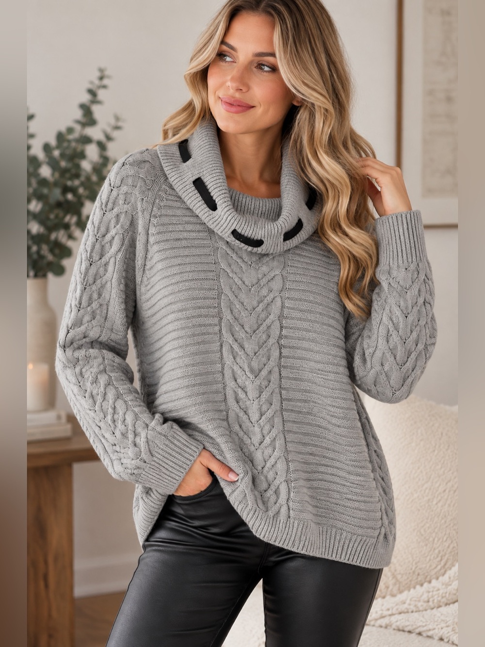 Karl Lagerfeld Grey Cable Knit Cowl Neck Sweater NWT